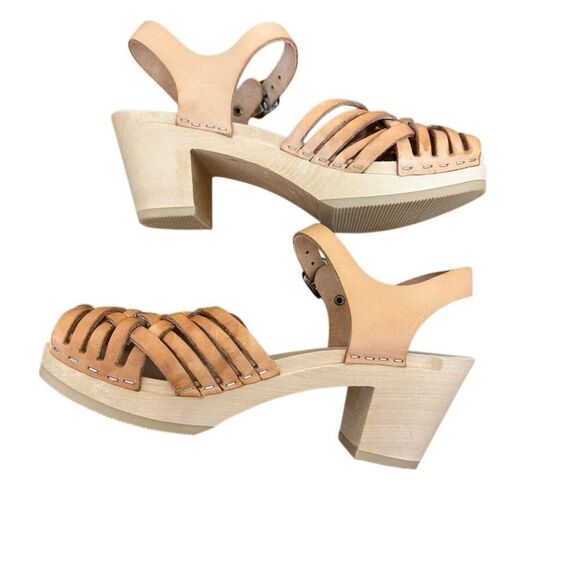 Maguba of Sweden Brown Leather Braided Wooden Heeled Clogs Size 37 = US 7 - 7.5 - Picture 4 of 10